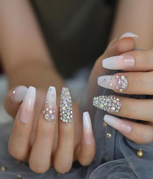 

crystal ombre nails full designed rhinestones ballerina fake nails long natural white designer nail art tips2653310, Red;gold