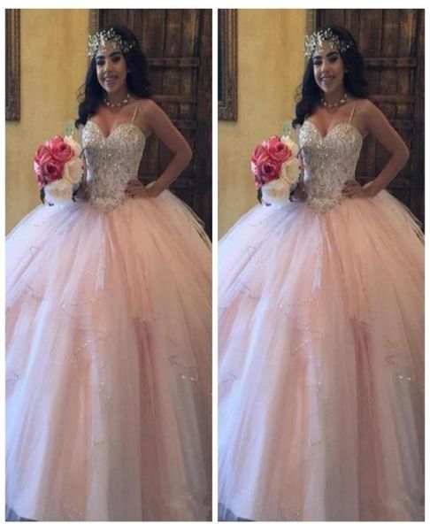 

2018 pink ruffy quinceanera dresses spaghetti straps crystals beaded sequins princess tiered sweet 16 dress prom party gown formal9613693, Blue;red