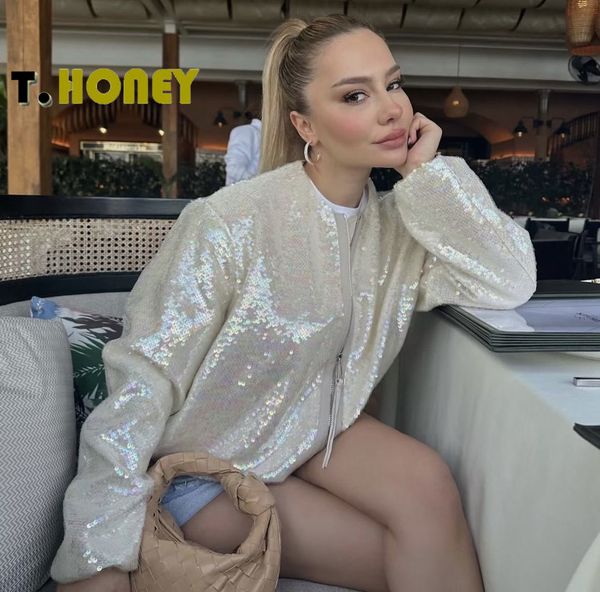 

men's hoodies sweatshirts tellhoney women fashion front zipper sequin bomber jacket coat female casual o neck long sleeves with pockets, Black