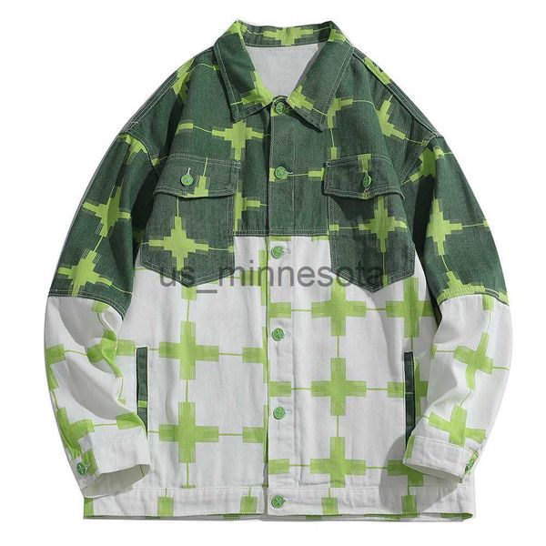 

men's jackets men cross print denim jacket casual green cotton coat loose cargo outerwear j230811, Black;brown