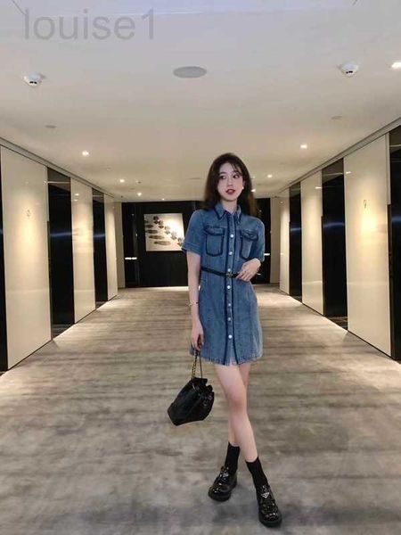 

basic & casual dresses designer p family 23 early autumn new classic triangle label old short sleeve denim blue versatile dress 6c2o, Black;gray