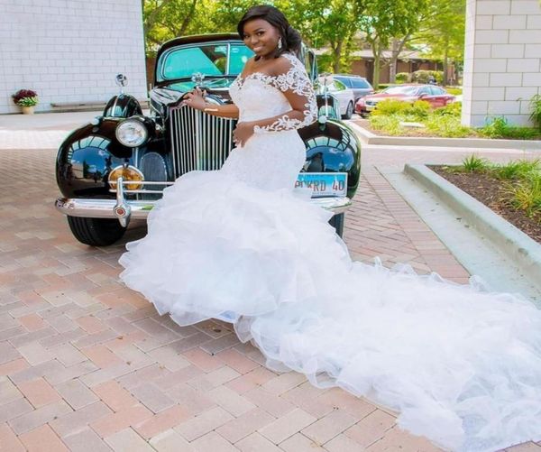 

cascading ruffles mermaid bridal gown wedding dresses with long sleeve lace beaded plus size african wear6792604, Black