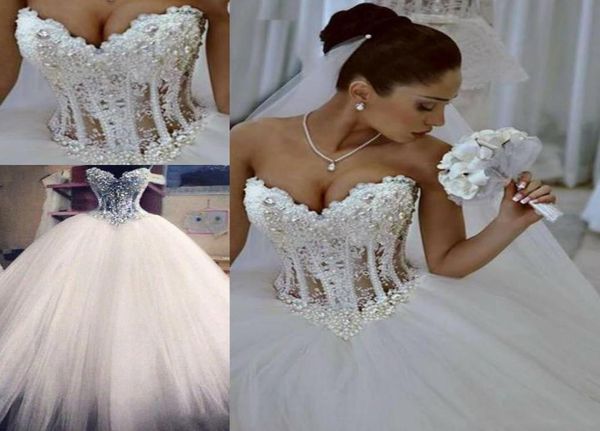 

2020 ball gown wedding dresses sweetheart corset see through floor length princess bridal gowns beaded lace pearls custom made7716844, White