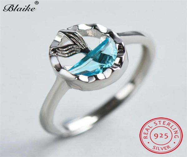 

fashionsolid s925 sterling silver mermaid rings for women aquamarine crystal engagement ring cute fairy charm wedding2067571, Golden;silver