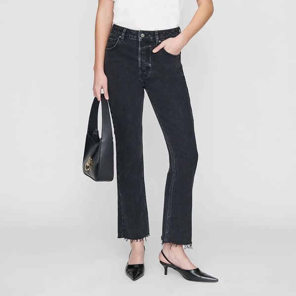 

women bing lara designer jeans black high waisted slightly stretchable nine-point jeans anines raw edge flare pants, Blue