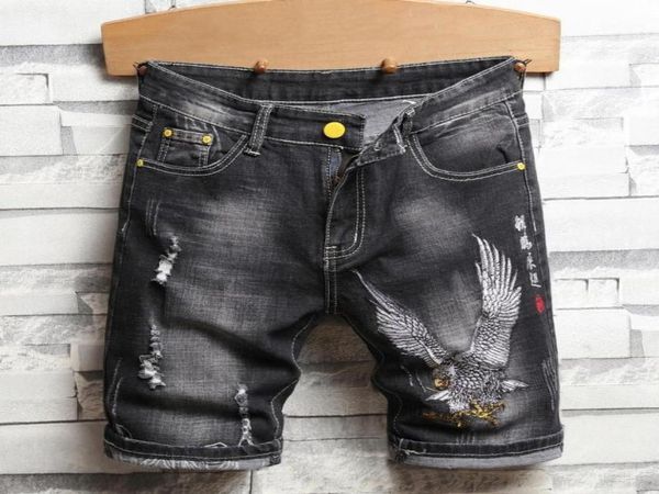 

men039s jeans summer men personalized embroidery streetwear beach jean shorts fashion loose ripped vintage hip hop denim short7387712, Blue
