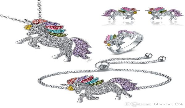 

4pcslot unicorn necklace bracelet earring stud ring jewelry sets 925 silver diamond colorful pony pendants accessories whole8725521, Black