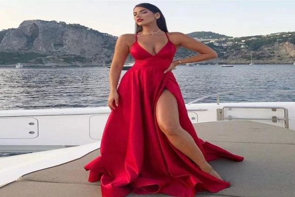 

spaghetti straps long evening dresses side slit sweep train laceup back satin formal prom party gowns plus size6897696, Black;red