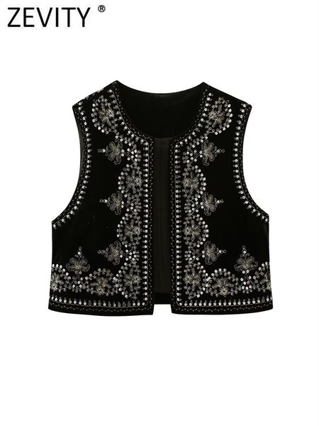 

women's vests zevity women vintage o neck sequins flower embroidery short vest jacket ladies sleeveless casual velvet waistcoat ct3020, Black;white