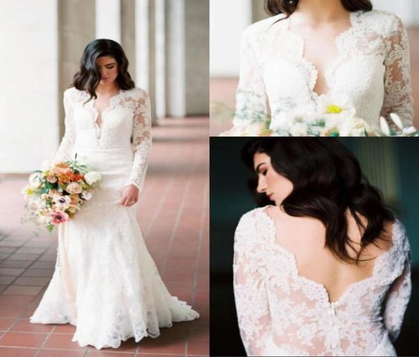 

vintage plus size wedding dress lace applique deep v neck long sleeves floor length backless bridal gowns brautkleider custom made8710719, White