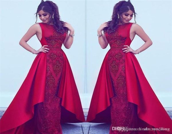 

2019 arabic dubai red evening dress jewel neck appliques formal holiday wear prom party gown custom made plus size8137666, Black;red