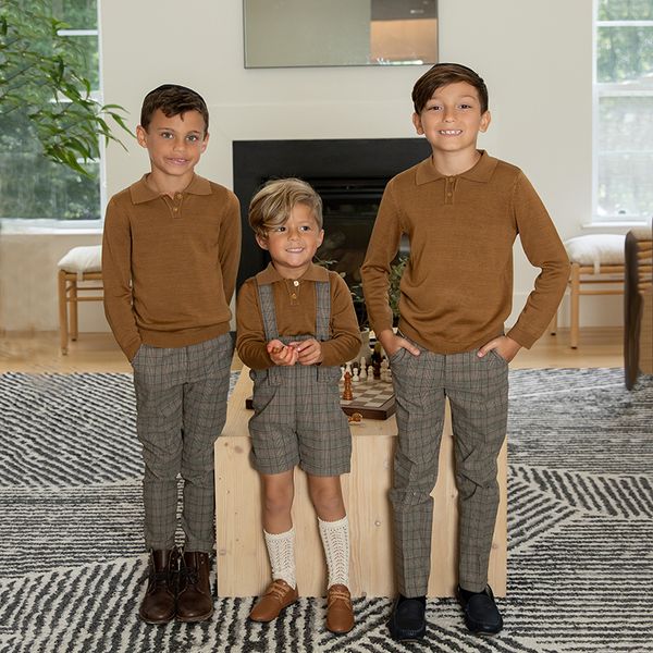 

family matching outfits ap boys mix n match dressy collection 2024 fall kids three colors sweater polo baby stretched plaid pants and overal, Blue