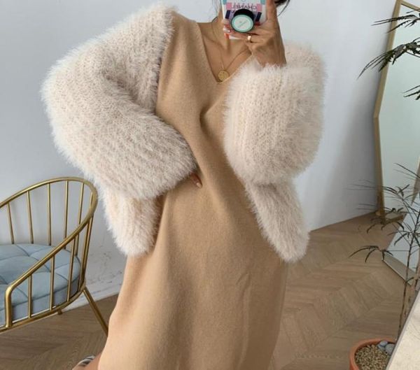 

2022 autumn winter mink cashmere sweater coat women women039s cape korean causal long sleeve knitted plush soft warm cardigan t4346145, Black