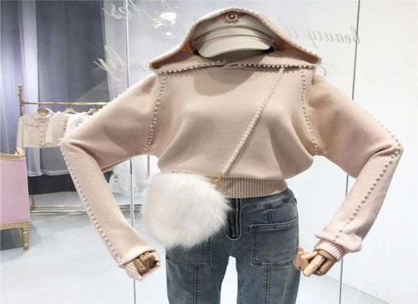 

amolapha women soild pearl knitted hooded sweaters jumper y2001164005257, White;black
