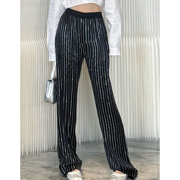 

8.11 fashion casual rhinestone striped letter elastic high waist wide leg pants women, Black;white