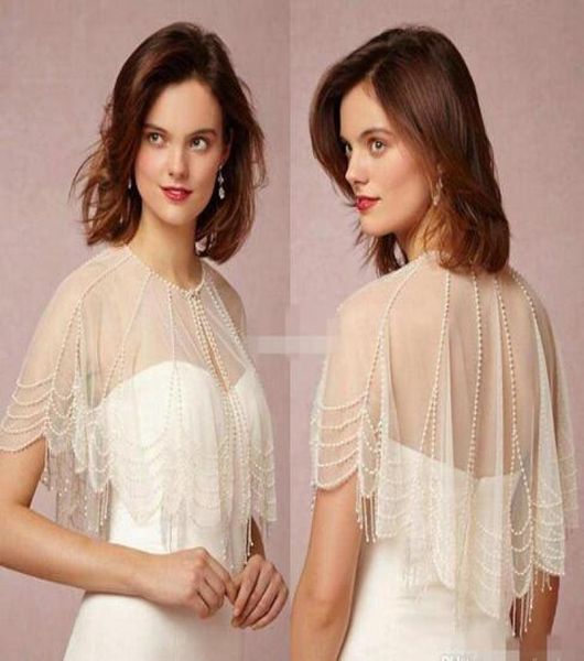 

luxury white ivory wedding bridal wrap jacket crew neck with trickling pearl capelet custom made sheer tulle wrap for bride 126650