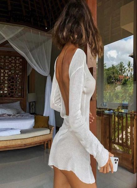 

forefair bare back see through dress long sleeve knitted white beach o neck 2021 summer party mini skinny women y08232353036, White;black