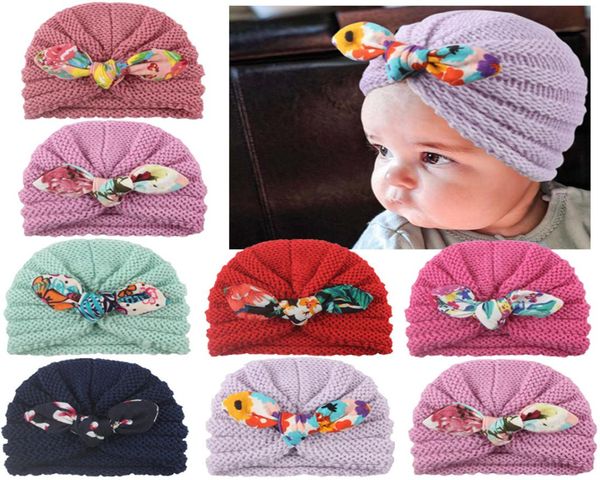 

new baby girl boy knitted turban bunny ears bow hat toddler kids head wrap headband solid candy color wool cap 6m4t2911789, Yellow
