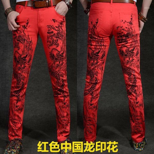 

men's jeans ink printing men's korean style trendy casual trousers slim fit feet personality 3d dragon pattern red pants278b, Blue