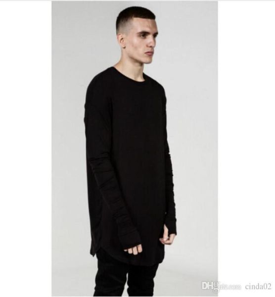 

mens hip hop t shirt full long sleeve tshirt with thumb hole cuffs tees shirts curve hem men street wear 2588947, White;black