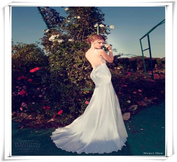 

backless wedding dresses spaghetti sheath slim long sweep train gown lace appliques nurit hen modern bridal gowns w3703289322, White