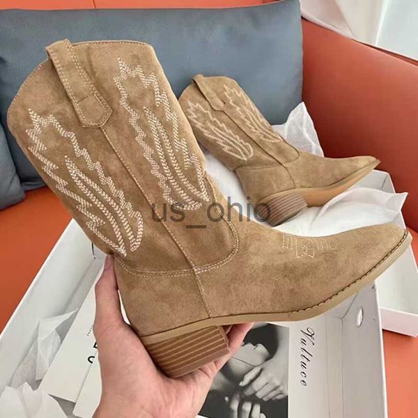 

boots embroidered mid calf cowboy boots for women 2023 autumn retro chunky heels western boots woman slip on pointed toe cowgirl shoes j2308, Black