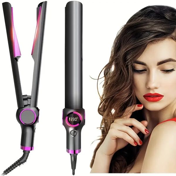 

2-in-1 hair straightener with led display, fast temperature adjustment, multifunctional hair straightener hair curler diy wave hair styling, Black