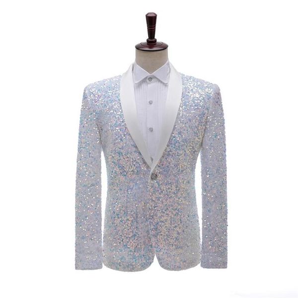 

men's formal dress suit sequins jacket three-dimensional sequins discoloration bar nightclub show costumes host singer blazer302c, White;black