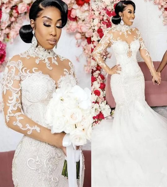 

plus size arabic aso ebi lace beaded mermaid wedding dress high neck sheer neck long sleeves vintage bridal gowns dresses6973878, White