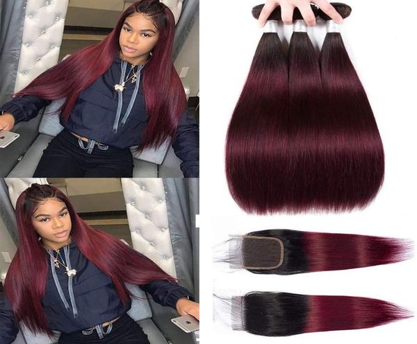 

sunny 1b burgundy wine red 99j ombre peruvian hair bundles with closure 1b99j burgundy straight bundles human hair 3 bundles with9906804, Black