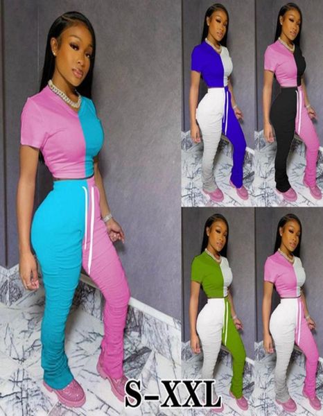 

color block tracksuits two piece set summer women tracksuit crop and stacked pant bell bottom womens outfits matching sets swe8585732, Gray