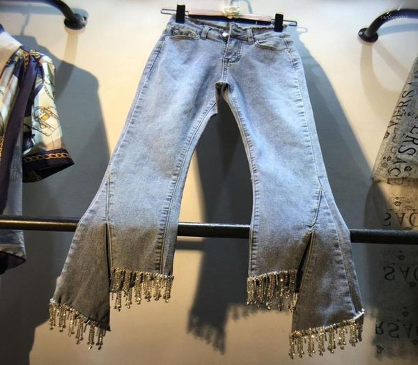 

women's jeans european lady spring/summer rhine tassel-studded nail beads high waist slim nine-point slight womens pants4086350, Blue