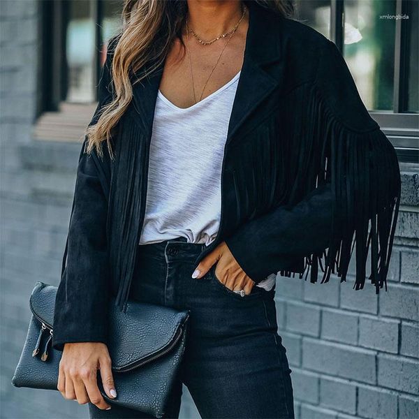 

women's jackets women faux suede fringe jacket lapel long sleeve cropped hippie motor tassel cardigan streetwear coat solid coats, Black;brown