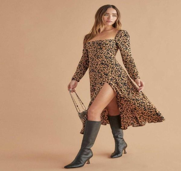 

casual dresses woman dress floral digital print square neck long sleeve split slim ladies midlength skirt leopard dresscasua4308499, Black;gray