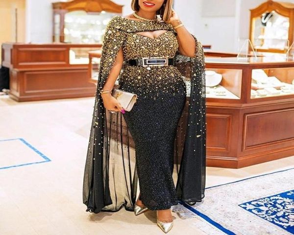 

sparkly gold african aso ebi prom dresses with long cape luxurious beaded crystals sheer neck mermaid evening party reception gown3955223, Black