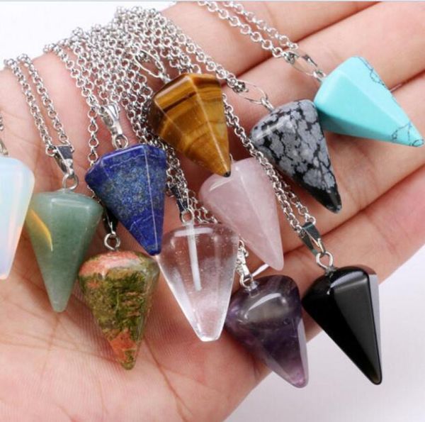 

natural gemstone pendant necklace crystal healing chakra reiki silver stone hexagonal prisme cone pendulum charm necklaces3771646, Red;brown