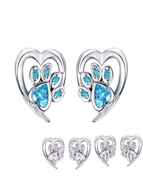 

blue crystal pet paw stud earrings for girl heart shape cz footprint ear studs jewelry women design bijoux sce65432155083445102, Golden;silver