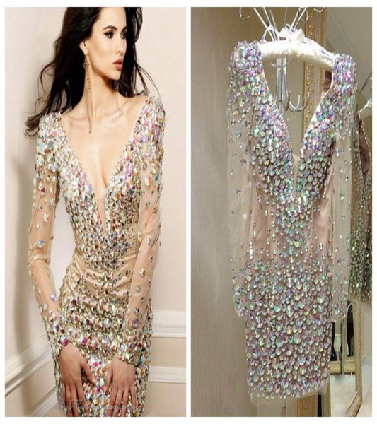 

bling rhinestone cocktail dresses party gowns deep v neck long sleeve short prom dress special occasion dresses for women rea7984585, Black