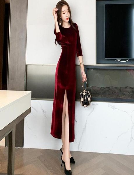 

autumn women threequarter sleeve o neck elegant velvet dresses party split bodycon vintage bandage dress vestidos casual8850681, Black;gray
