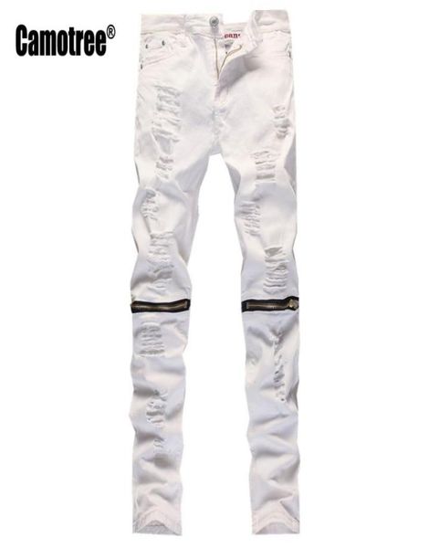

whole mens designer slim white ripped holes jeans pants skinny biker distressed jeans knee zipper design streetwear9159299, Blue