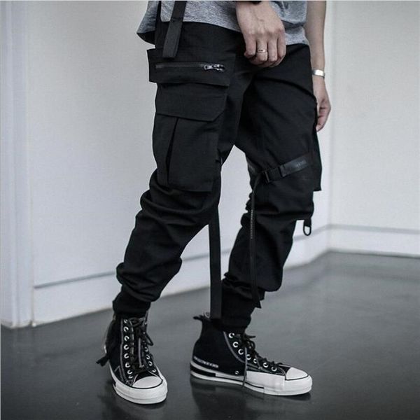 

multi pocket hip hop streetwear men's black joggers pants men cotton ribbon cargo pant trousers elastic waist307v