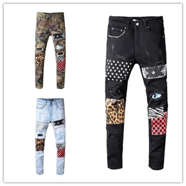 

luxury mens designer jeans camouflage ripped skinny jeans pants leopard patchwork designer pants rivet motorcycle jeans us size 292545, Blue
