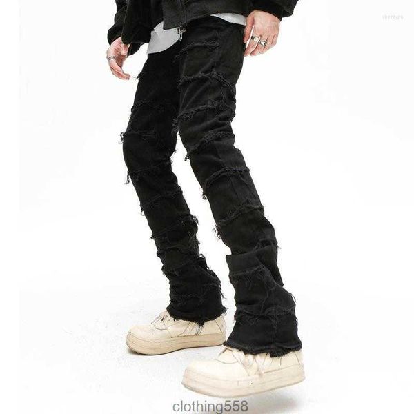 

men's jeans mens retro patchwork flared pants grunge wild stacked ripped long trousers straight y2k baggy washed faded for men, Blue