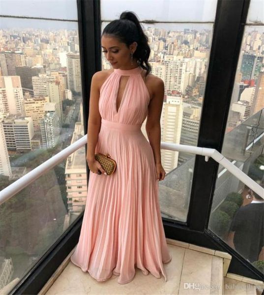 

simple summer beach boho chiffon bridesmaids dresses a line halter neck pleats wedding guest party dresses long maid of honor gown7195180, White;pink