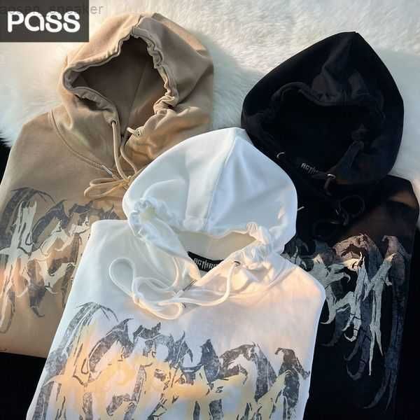 

retro high street hip hop y2k hooded hoodies for women spring autumn sweatshirt american style loose couple sweatshirt, Black