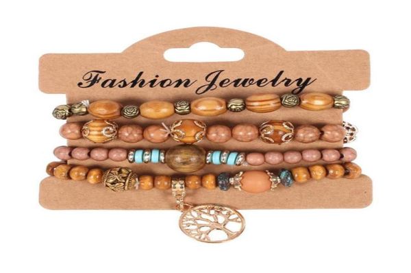 

4pcslot vintage tree of life charm bracelets set for women wooden wood beads elasticity chains bangle fashion bohemian jewelry8155946, Black