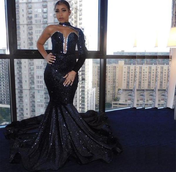 

black sequined mermaid prom dresses one long sleeve high neck crystal evening gown sweep train celebrity party dress6717264