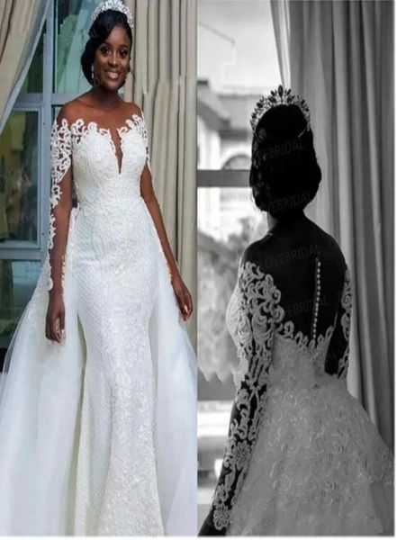 

south african mermaid wedding dresses detachable overskirt sheer neck off shoulder long sleeves 2021 bridal wedding gowns dress2087416, White