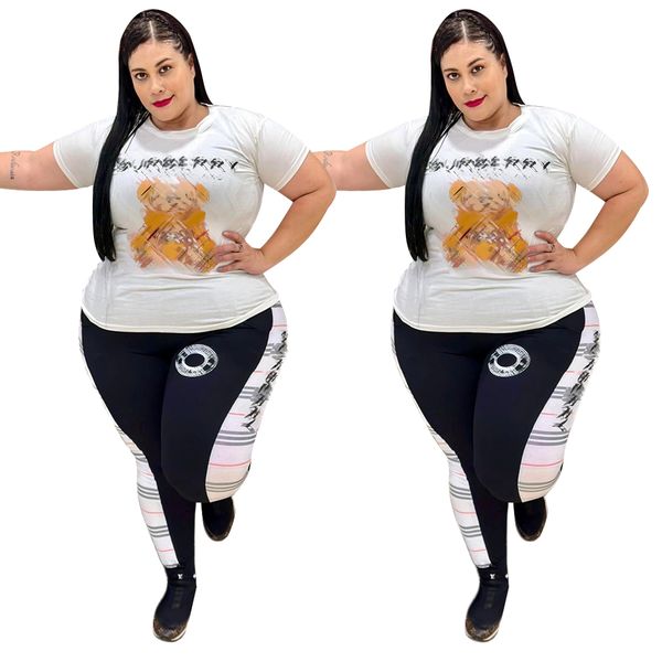 

women printed two-piece pant set women's t-shirt and sweatpants set casual set 1xl-5xl, White