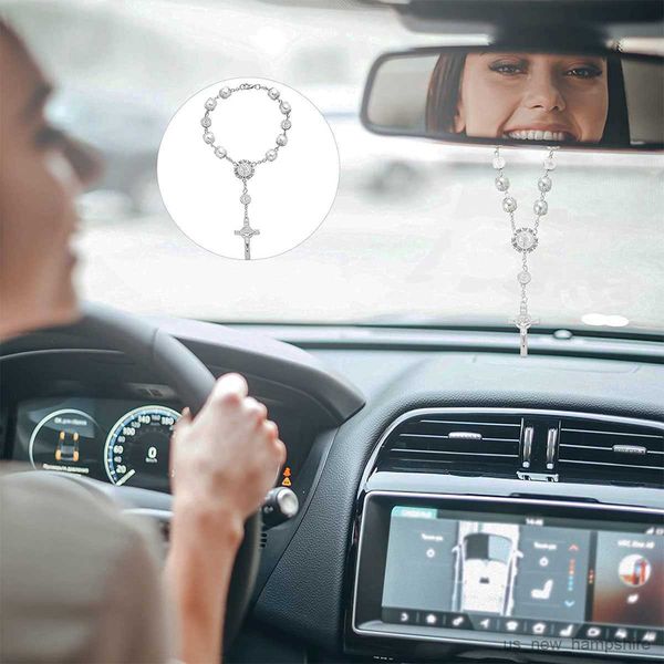 

interior decorations charm bling car rear view mirror ornament retro imitation pearl cross hanging decoration auto r230811